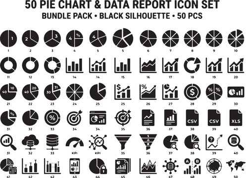50 pie chart icons, data report symbols, black silhouette bundle, business infographics