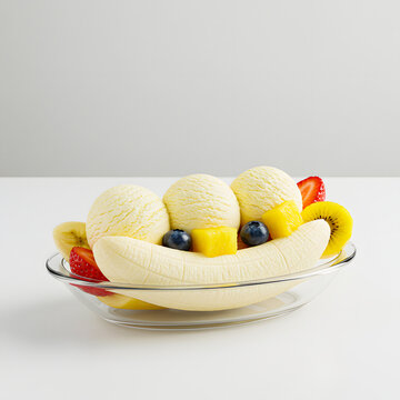 Delicious banana split featuring creamy vanilla ice cream, fresh ripe bananas, and a colorful medley of strawberries, blueberries, kiwi, and mango, served in a dish