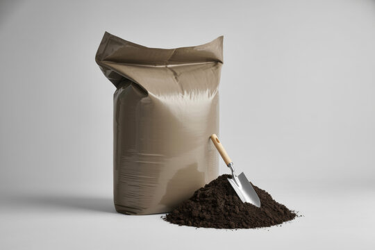 Open kraft paper bag with spilled potting soil or garden compost on white background