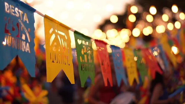 Colorful festive flags hanging at a festa junina celebration with blurred bokeh lights in the background