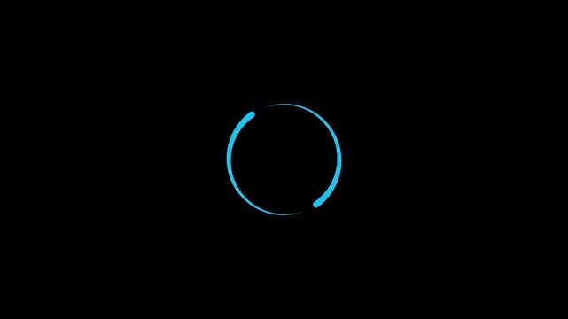 Animation of a loading spinning load wheel. Waiting for download. Cyan color circle on a black isolated background. 4k animation