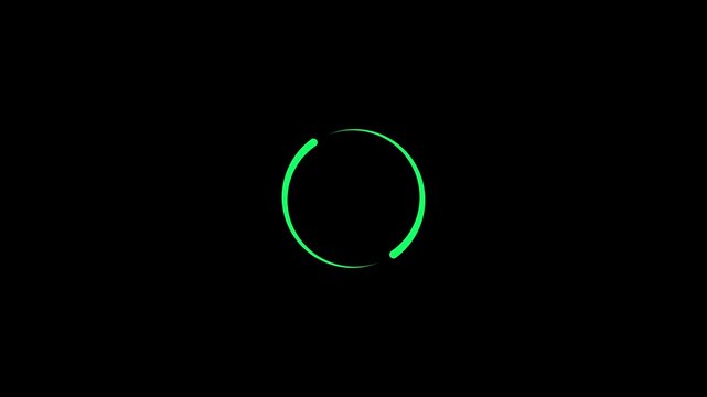 Animation of a loading spinning load wheel. Waiting for download. Green circle on a black isolated background. 4k video