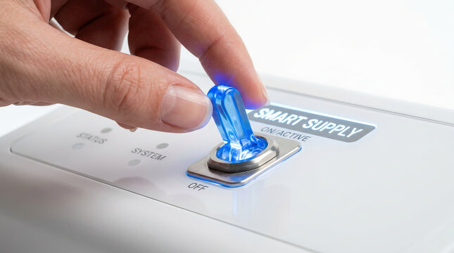 Finger Blue switch Smart supply Technology Control panel Hand Close up On active Modern device Power button Human finger Electronic device White background Plastic switch Fingertip Turning Energy