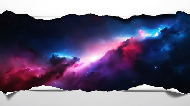 Wide galaxy torn paper background with cosmic nebula and glowing space effect isolated on white for futuristic design.