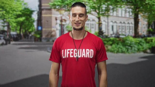 Man lifeguard in red shirt wearing a whistle tilts head back with closed eyes on a sunny street with trees and buildings; calm duty.
