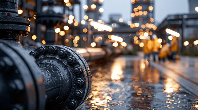 Rain-soaked chemical plant exterior at night, wet concrete reflecting tower lights, maintenance crew in yellow slickers checking pipeline flanges under portable lamps, ideal for industrial safety, a
