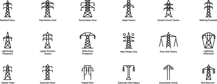 Icon Set of Electricity Transmission Towers and Poles with Labels and Different Designs Keywords: electricity, power, transmission