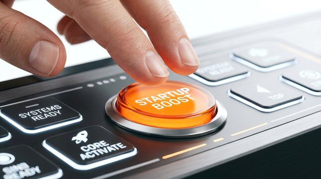 Startup boost button being pressed on modern control panel with illuminated system ready and core activate buttons, symbolizing innovation and technology advancement