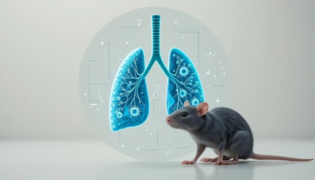 Realistic laboratory mouse beside glowing human lungs with virus particles, illustrating respiratory disease research, infection science, and medical experimentation in a futuristic setting