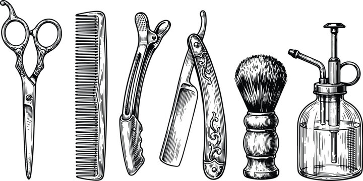 Vintage barber tools collection featuring scissors razor brush comb and grooming accessories illustrations