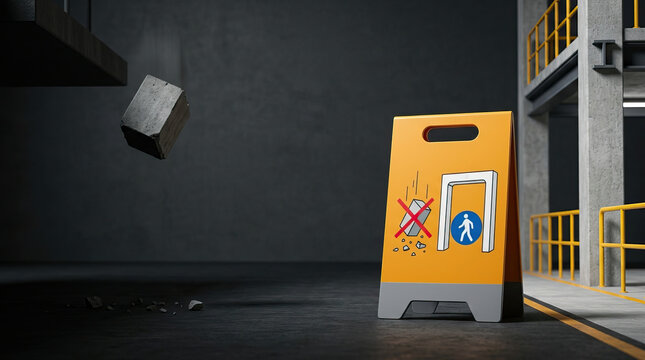 Safety sign warning about falling objects in industrial environment with concrete block falling near yellow caution board, emphasizing workplace safety and hazard awareness