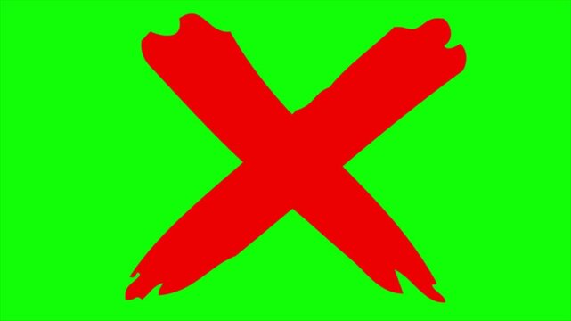 Red Cross mark animation on green screen background, hand drawn X sign for error or rejection, 4K chroma key motion graphics, wrong choice symbol overlay.