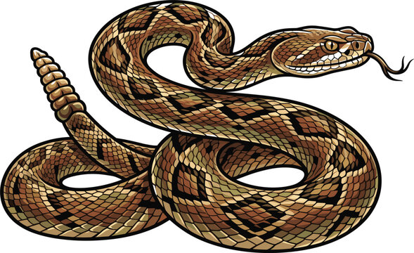 Realistic venomous rattlesnake graphic isolated on white, featuring intricate scales, defensive posture, and warning rattle