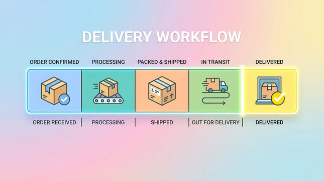 Delivery workflow process showing order confirmed, processing, packed and shipped, in transit, and delivered stages with colorful icons and background