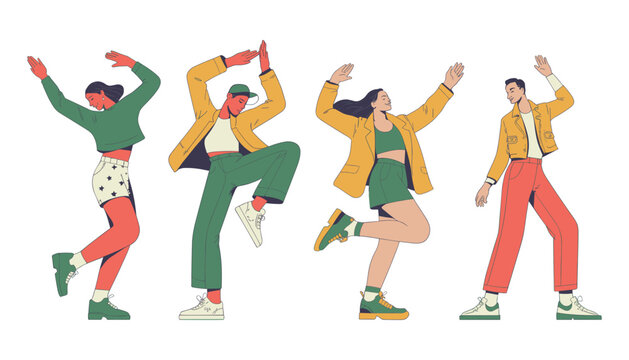 Diverse group of young adults dancing in stylish modern outfits