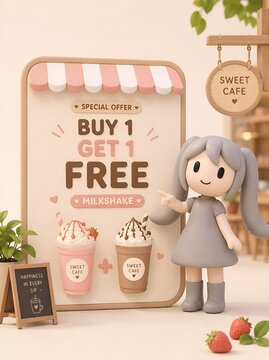 Cute pastel 3D character promoting buy one get one free milkshake cafe offer