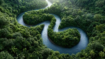 Fototapeta premium Winding River Through Lush Amazon Rainforest Aerial View at Sunset