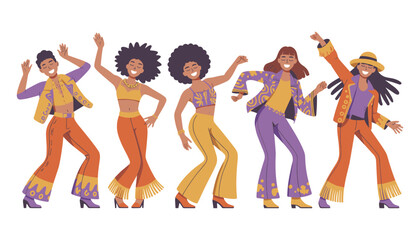 Fototapeta premium Diverse women dancing 1970s retro style illustration