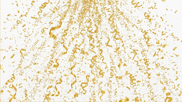 Falling golden ribbons and metallic confetti particles scattered across a plain white background creating a festive celebration atmosphere with bright yellow and gold streamers in motion