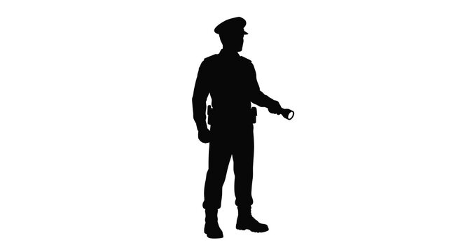 police officer silhouette with flashlight on white background
