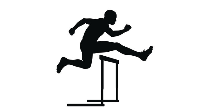 hurdler silhouette jumping over hurdle on white background