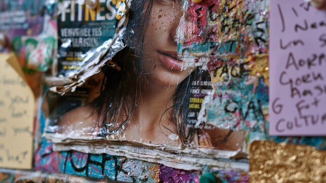 A torn fitness magazine collage pinned to a mood board contrasted with handwritten notes rejecting diet culture, bedroom wall scene in soft afternoon light, creative resistance, perfect for body ima