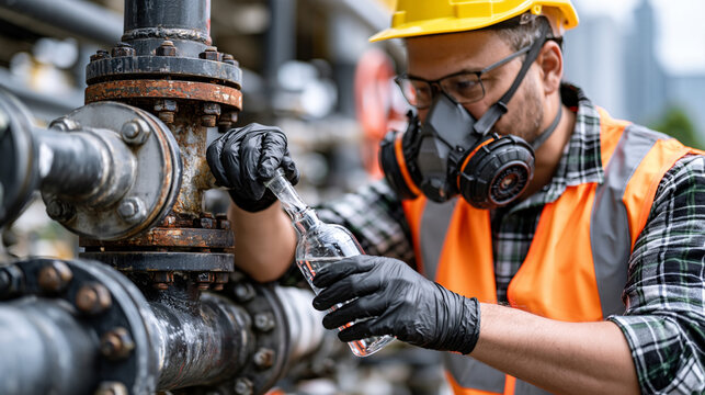 Chemical plant operator in a full-face respirator collecting a process sample into a glass bottle from a manual sample valve, industrial pipes and flanges surrounding the worker, midday harsh sun ov