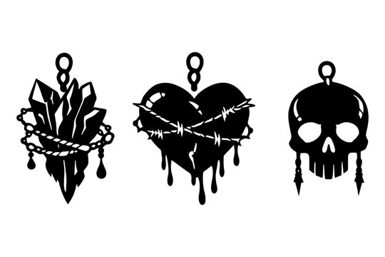 Dripping Hearts and Skulls, Black dripping designs of hearts and skulls, with one heart wrapped in barbed wire, symbolizing emotion and darkness