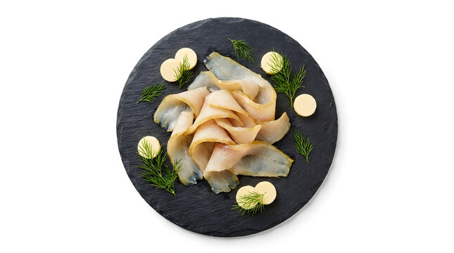 Slices of cold-smoked Icelandic haddock served with butter and dill on a white background