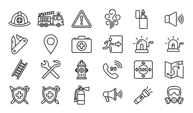 Minimalist firefighter line icons set editable stroke vector
