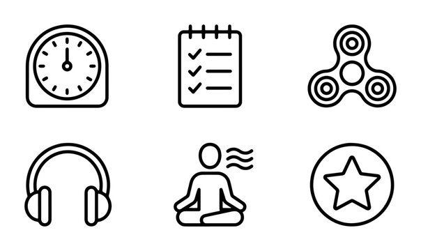 Vector Icons: Clock, Checklist, Fidget Spinner, Headphones, Meditation, Star - Set of 6 Simple Line Graphics