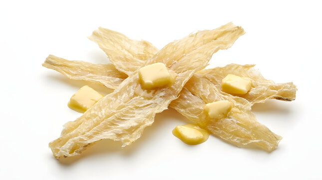Pieces of traditional Icelandic wind-dried fish jerky served with salted butter, isolated on a white background