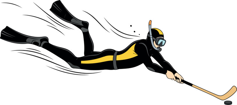 Scuba diver playing ice hockey underwater with puck