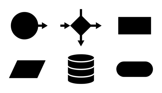 Flowchart Symbols Set: Process, Decision, Data, Start/End, Database Icons for Business Logic and System Design