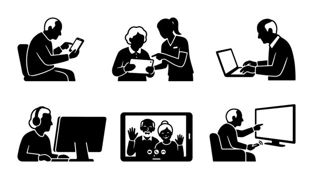 Senior digital literacy icons, elderly people using technology, computer, tablet, smartphone, video call, online communication, learning, modern life
