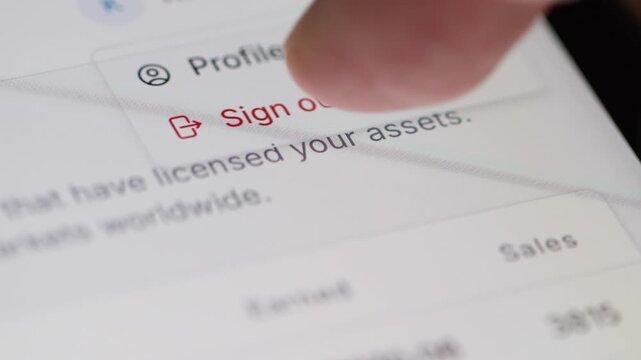 Macro 4K footage of a finger clicking a red "Sign out" button on a clean white user interface, clearing the screen completely.