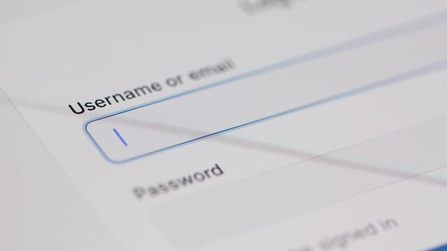 4K macro view of a vertical text cursor blinking continuously inside an empty highlighted username or email input box.