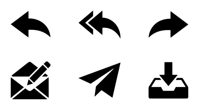Black Vector Icons: Undo, Redo, Send, Email, Paper Plane, Download. Simple UI Symbols for Web and App Design.