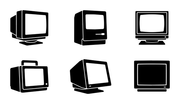Retro Computer Monitors Collection, Vintage Technology Icons, Classic Desktop Displays Set, 6 Vector Graphics