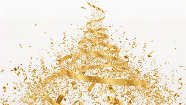 Golden ribbons and metallic confetti particles forming a conical tree shape isolated on a plain white background for festive celebration themes