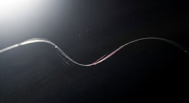 Thin silver wire bending gracefully against transparent background surface