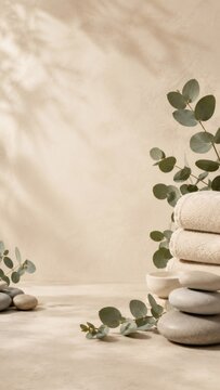 Eucalyptus branches framing stacked towels and balance stones for wellness and spa ambiance