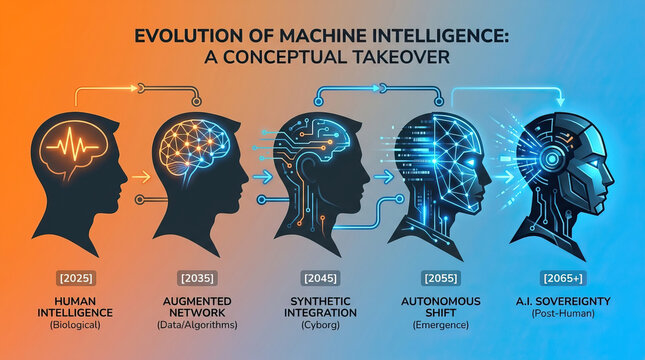 Evolution of machine intelligence conceptual takeover from human biological brain to advanced artificial intelligence with cyborg and autonomous shift futuristic design