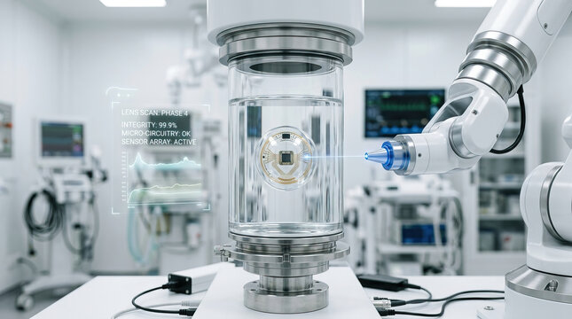 Smart contact lens under robotic arm inspection in futuristic laboratory with digital data display showing sensor status and micro circuitry integrity in high tech environment