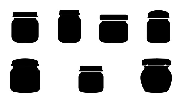 Glass Jar Silhouettes Set, Food Container Icons, Preserve Storage Vessels, Kitchenware Vector Collection
