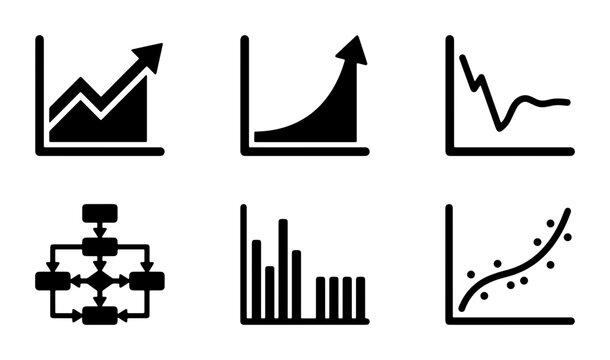 Business Growth Icons: Upward Trend Charts, Flowchart, Bar Graph, Scatter Plot, Data Analysis Vector Set