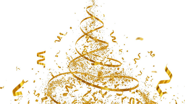 Gold metallic ribbons and confetti particles arranged in a spiral christmas tree shape isolated on a white background with floating festive streamers and glittery dust