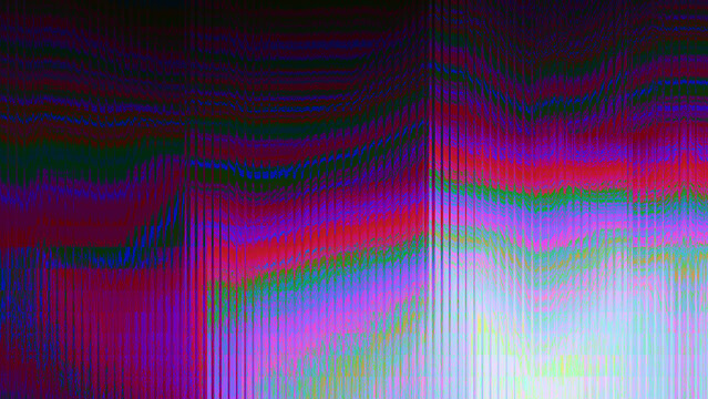Multicolored digital glitch with vertical scan lines and wavy distortions