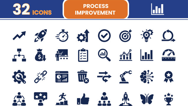 Process improvement 32 line icon set. corporate strategy concept of continuous improvement with quality, advancement, continuous, success and batch processing. Editable icon with vector illustration.