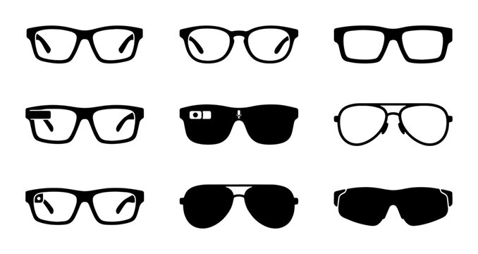 Collection of nine diverse eyeglasses and sunglasses, modern and classic styles, vector icons for fashion and tech